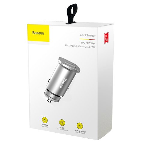 Автомобильное зарядное устройство Baseus BS-C15C, USB выходы 4,5В 5А/5В 4,5А/9В 3А/12В 2,5А, (USB тип-C вход 5В 3А/9В 3А/12В 2,5А/15В 2А), серебристое, 30 Вт, 24 В, 12 В, #CCALL-AS0S Превью 1
