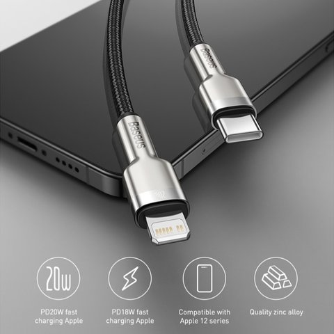 USB Cable Baseus Cafule Series Metal, (USB type C, Lightning, 200 cm, 20 W, black, nylon braided) #CATLJK-B01 Preview 2