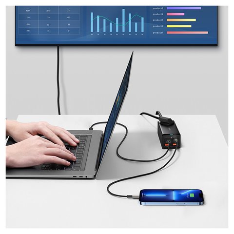 Мережевий зарядний пристрій Baseus GaN3 Pro Desktop, 100 Вт, Quick Charge, чорний, з розеткою, з кабелем USB тип-C до USB тип-C, 4 порта, 1,5 м, #PSZM000401 Прев'ю 2