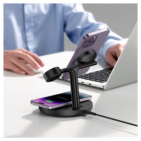 Безпровідний зарядний пристрій Baseus Swan 3-in-1 Wireless Magnetic Bracket, чорне, USB тип-C, пластик, 15 Вт, з підставкою, з кабелем, магнітне, #WXTE000101 Прев'ю 1
