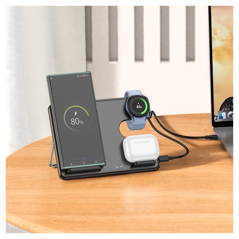 Безпровідний зарядний пристрій Hoco CQ2 3-in-1, Quick Charge, чорне, USB тип-C, 15 Вт, розкладне, настільний, SAM watch, #6942007602327 Прев'ю 2