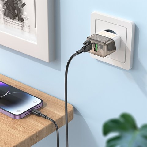 Мережевий зарядний пристрій Borofone BA80A, 20 Вт, Quick Charge, Power Delivery (PD), чорний, прозорий, 2 порта, #6941991105159 Прев'ю 3