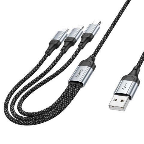 USB кабель Hoco X102, USB тип-C, USB тип-A, micro-USB тип-B, Lightning, 100 см, 2,4 А, чорний, в нейлоновому обплетенні, 3 в 1, #5942007608794 Прев'ю 1